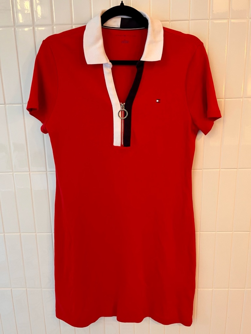 Tommy Hilfiger Polo Mini Dress Size M Red White Navy Zip Contrast Trim